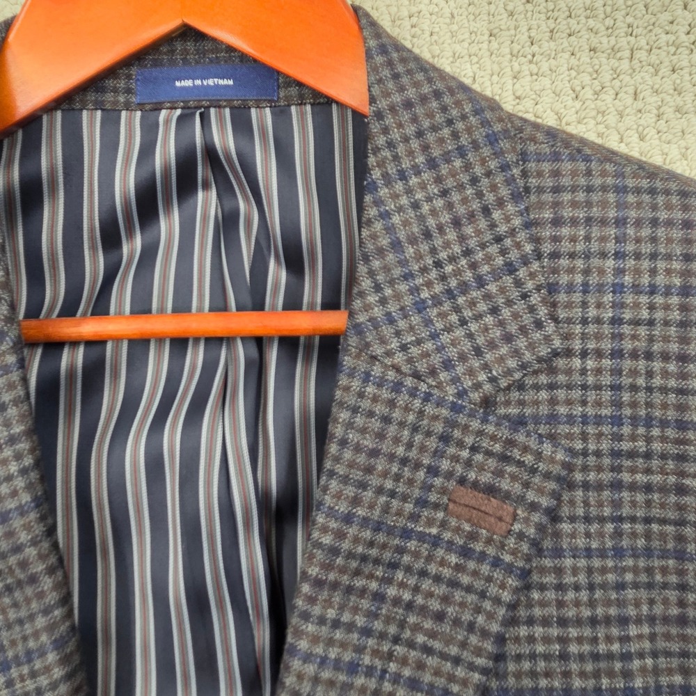 Stafford Classic Fit Wool Blend Blazer Gray Blue Plaid‎ Elbow Patches Mens 44L - Picture 3 of 10